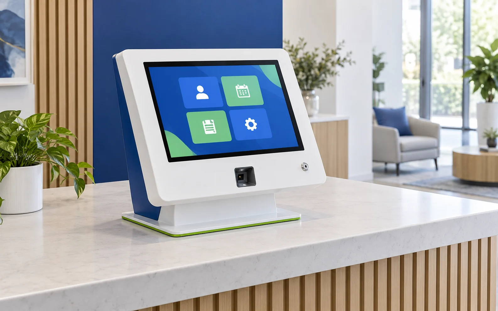 Compact blue and white touchscreen kiosk concept on a reception counter
