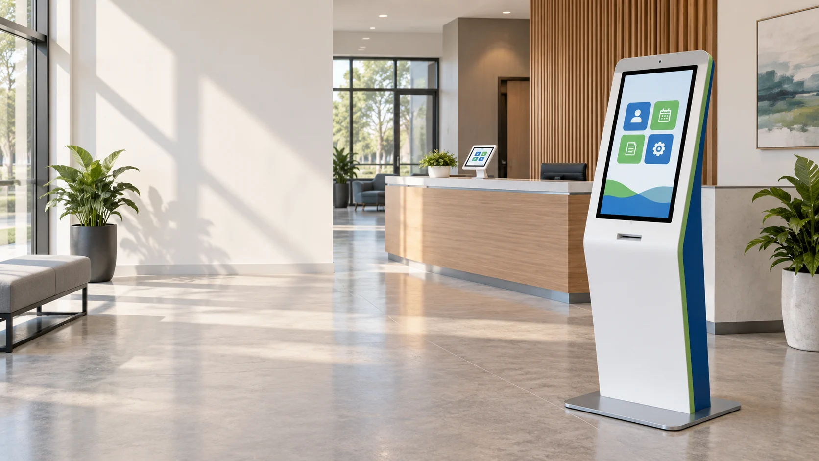 Freestanding touchscreen kiosk concept with a full-height enclosure and stable base