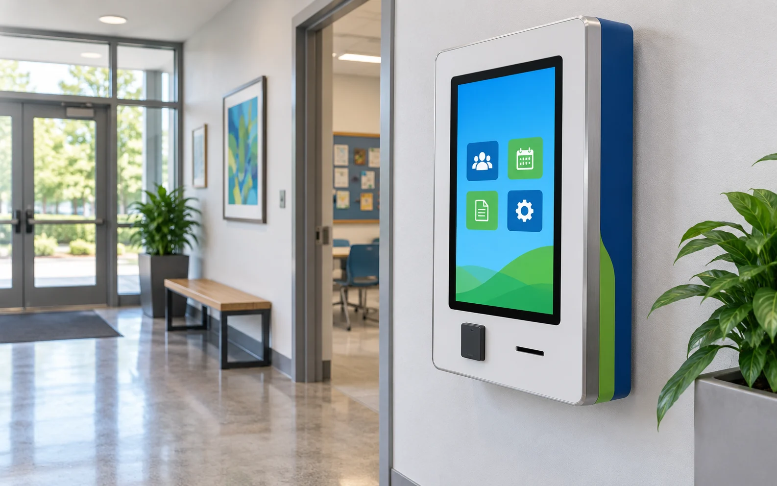 Slim wall-mounted touchscreen kiosk concept with concealed cabling and clear floor space