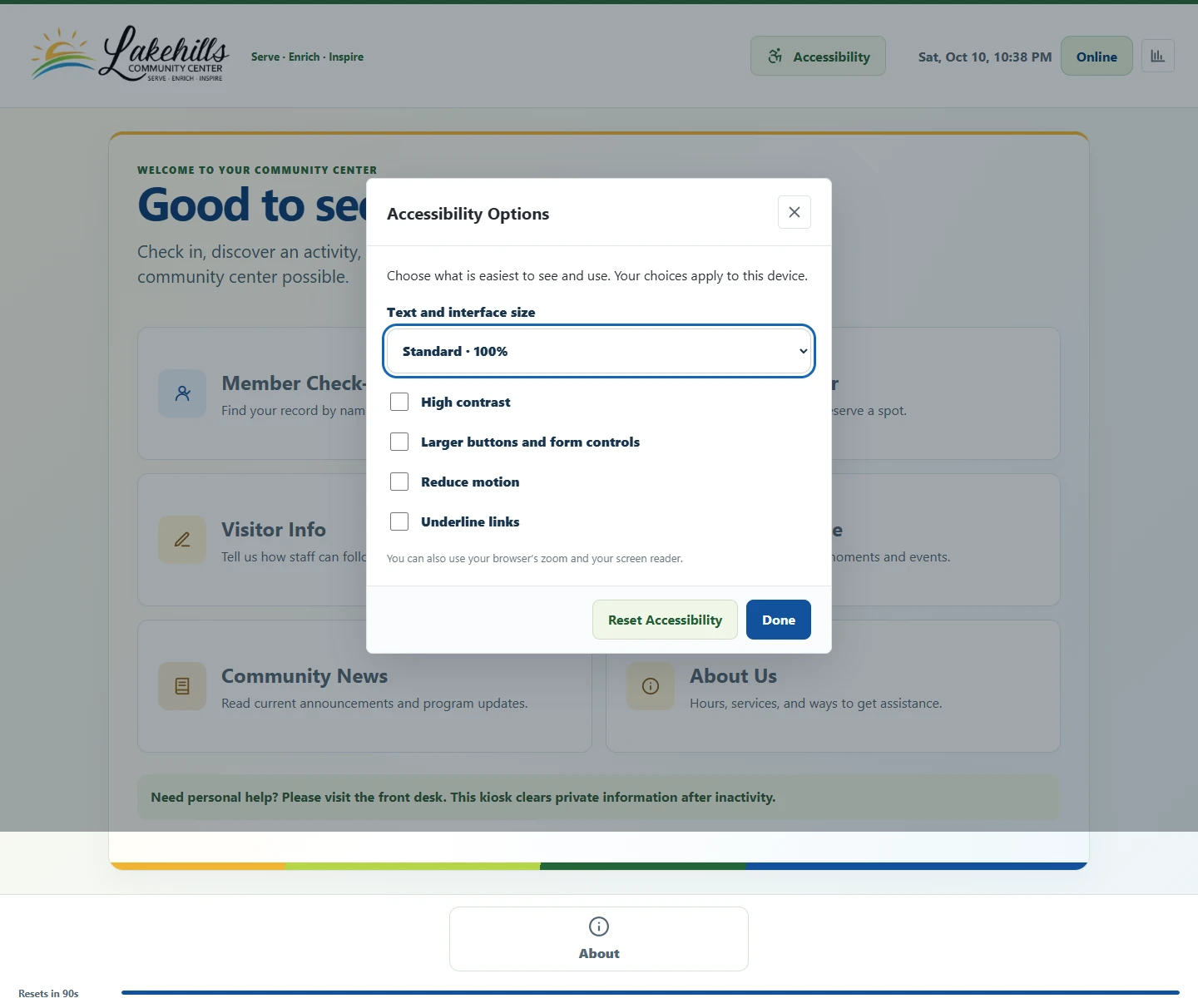 Lakehills accessibility settings for text size, contrast, motion, and controls, with no personal information