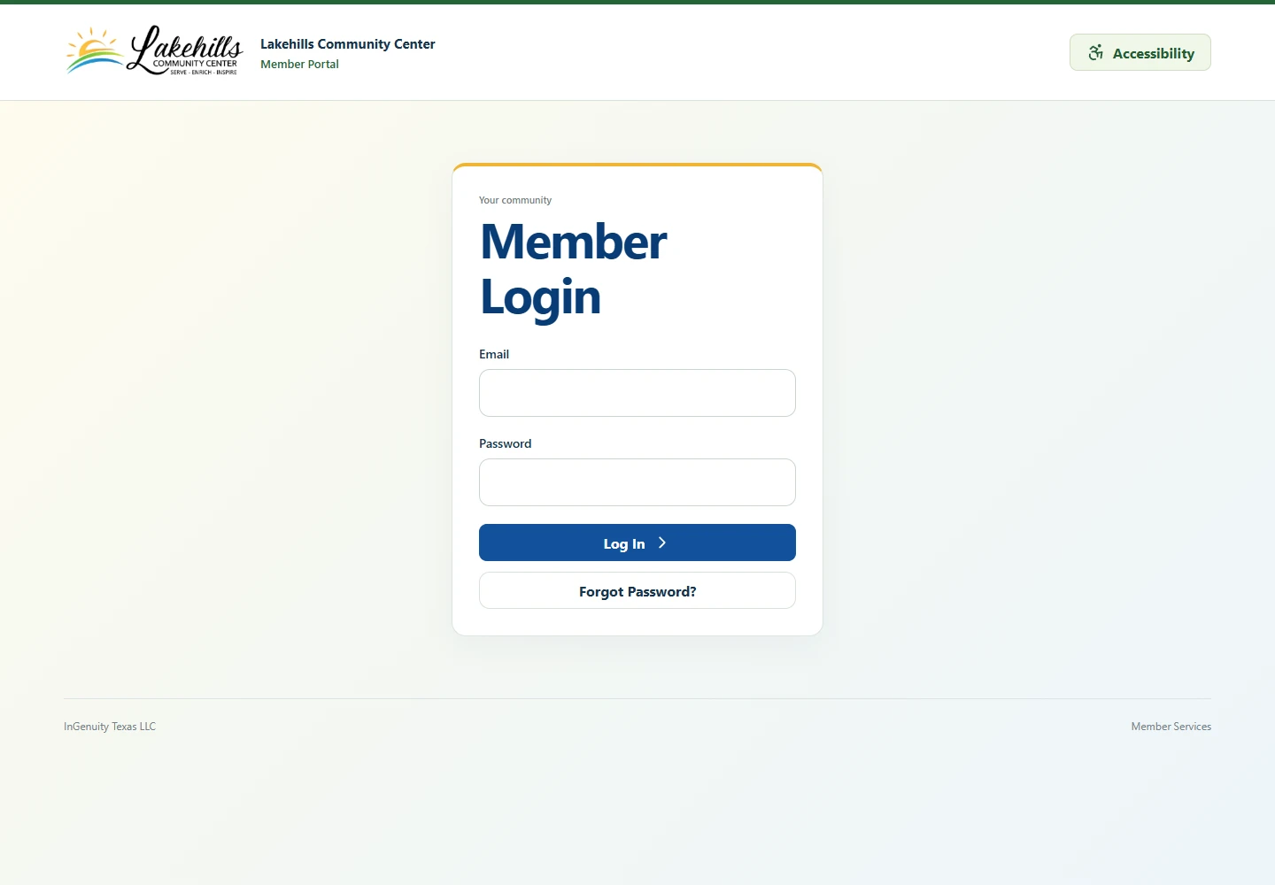 Live Lakehills member-portal login with empty fields and no account details