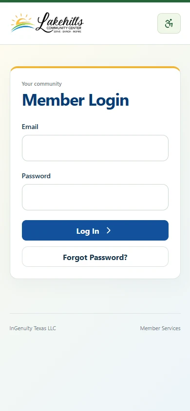 The live Lakehills member login on a phone-sized screen with empty fields and no member details