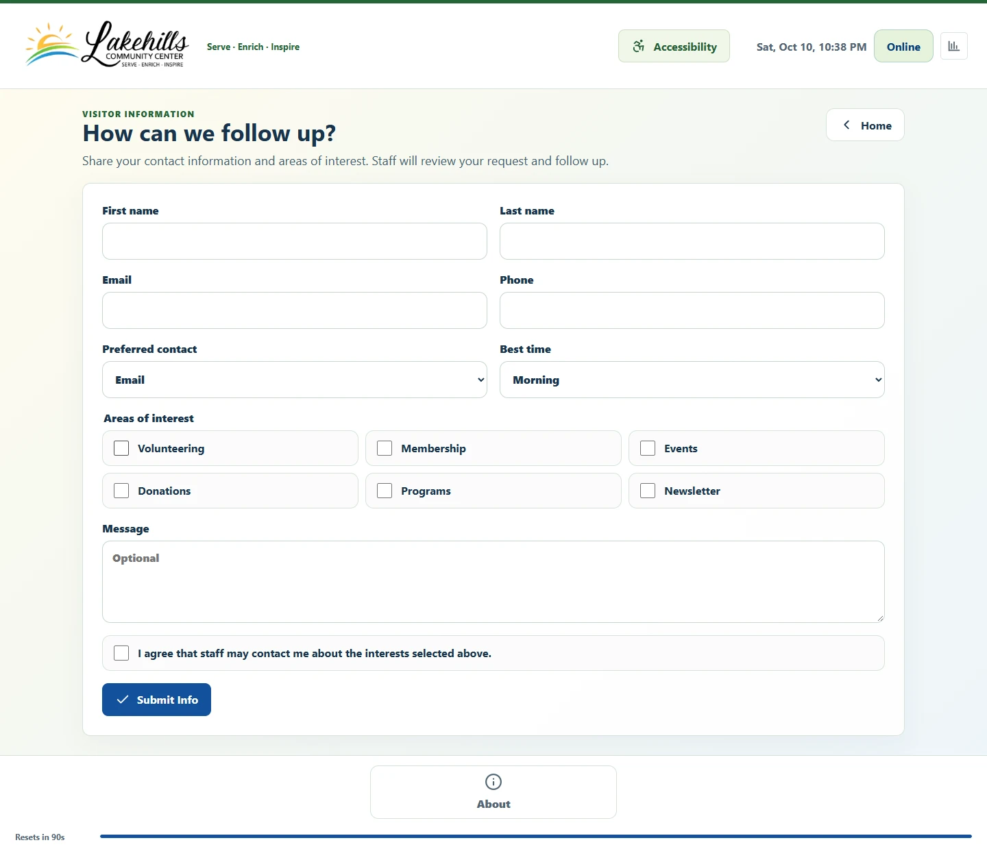 Empty Lakehills visitor form with interests, contact preferences, and a consent checkbox; no personal information