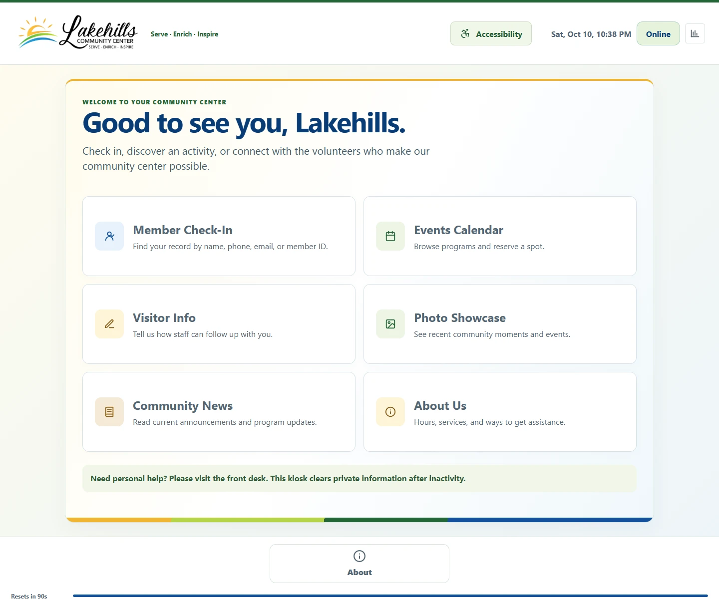 Current Lakehills welcome screen with member services, community information, and the center's branding