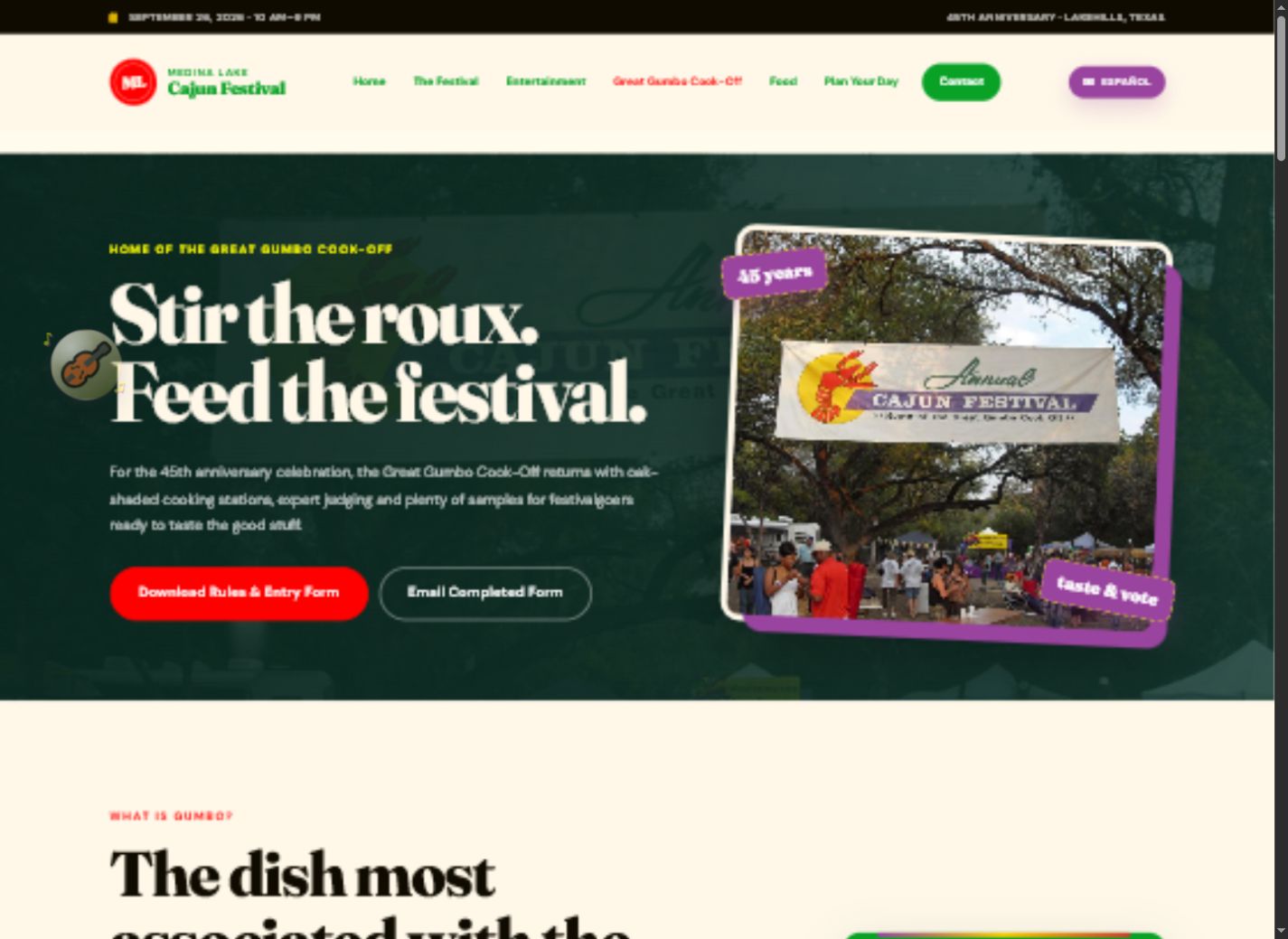 Screenshot of the Medina Lake Cajun Festival website homepage